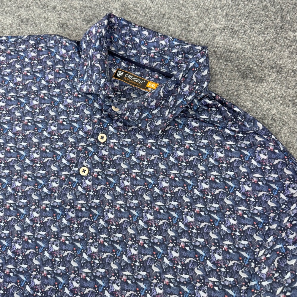 Cremieux‎ Performance Polo Mens XXL Shark Print Classic Navy Blue Short Sleeve